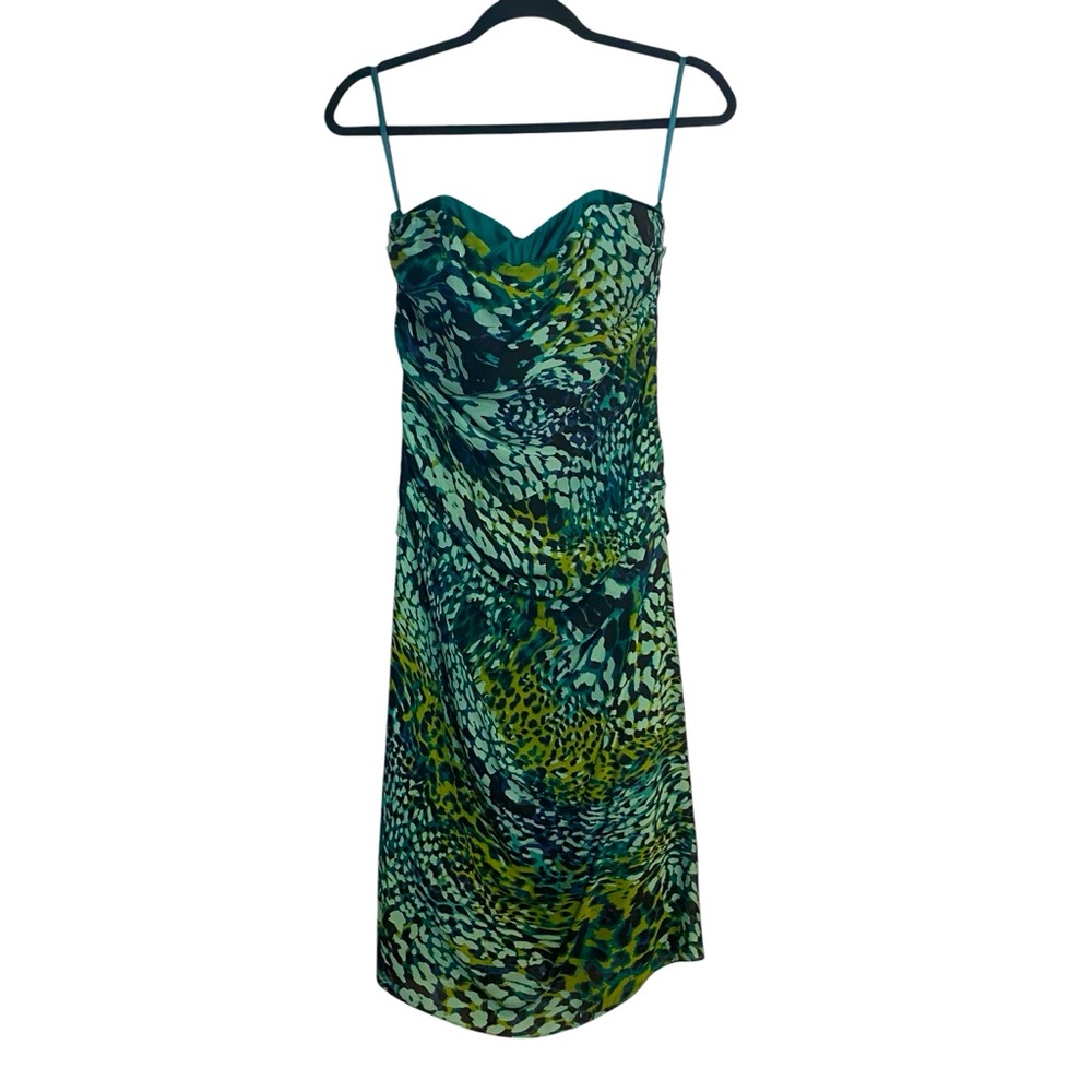 Arden B Silk Strapless Shirred Waist Green Aqua Blue Print Knee Length Dress L